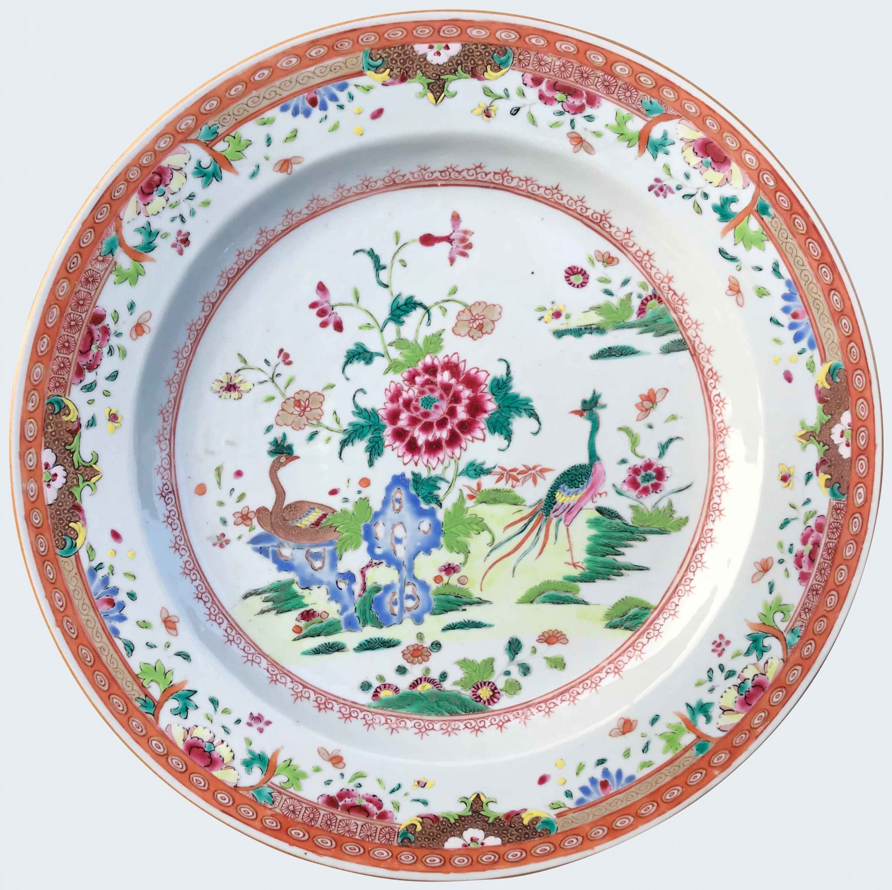 Chinese famille rose twin peacock charger Qianlong period