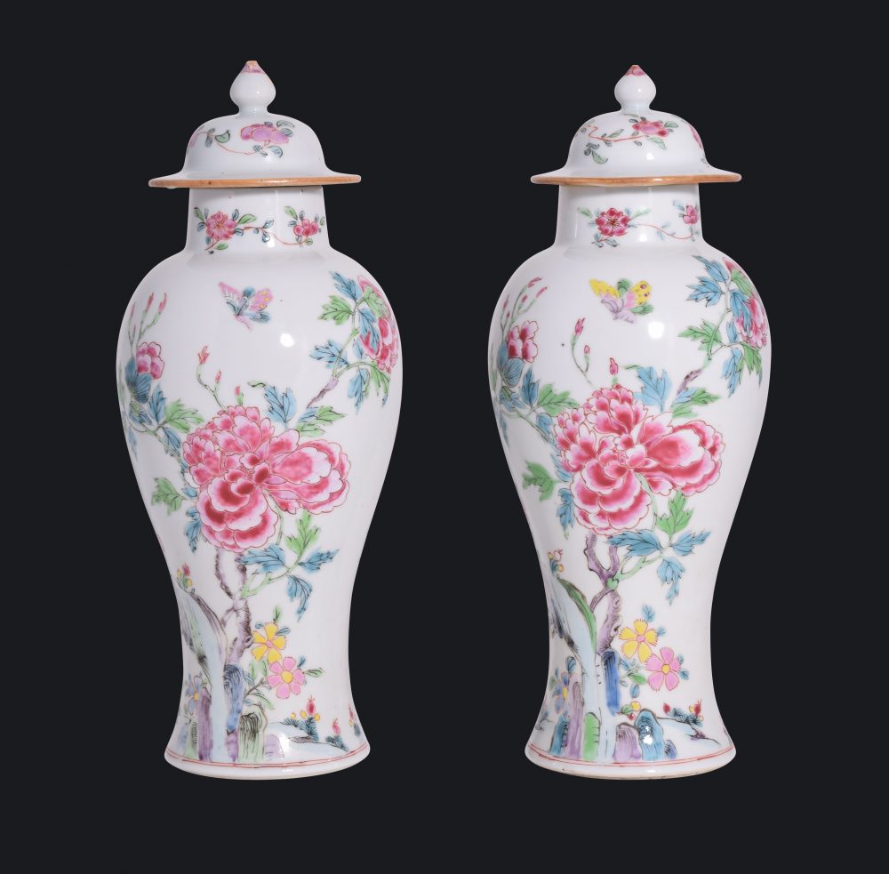 A pair of large and fine Chinese famille rose baluster vases. Yongzheng